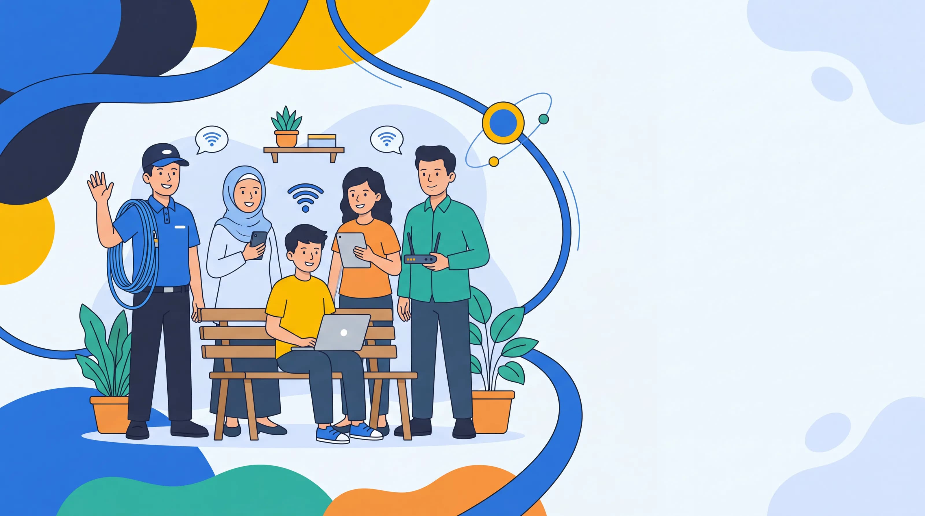 Ilustrasi tim JABNET dan warga: teknisi membawa kabel fiber, warga dengan ponsel, laptop, tablet, dan router