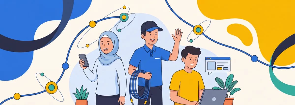 Ilustrasi warga menikmati internet dan teknisi membawa kabel fiber